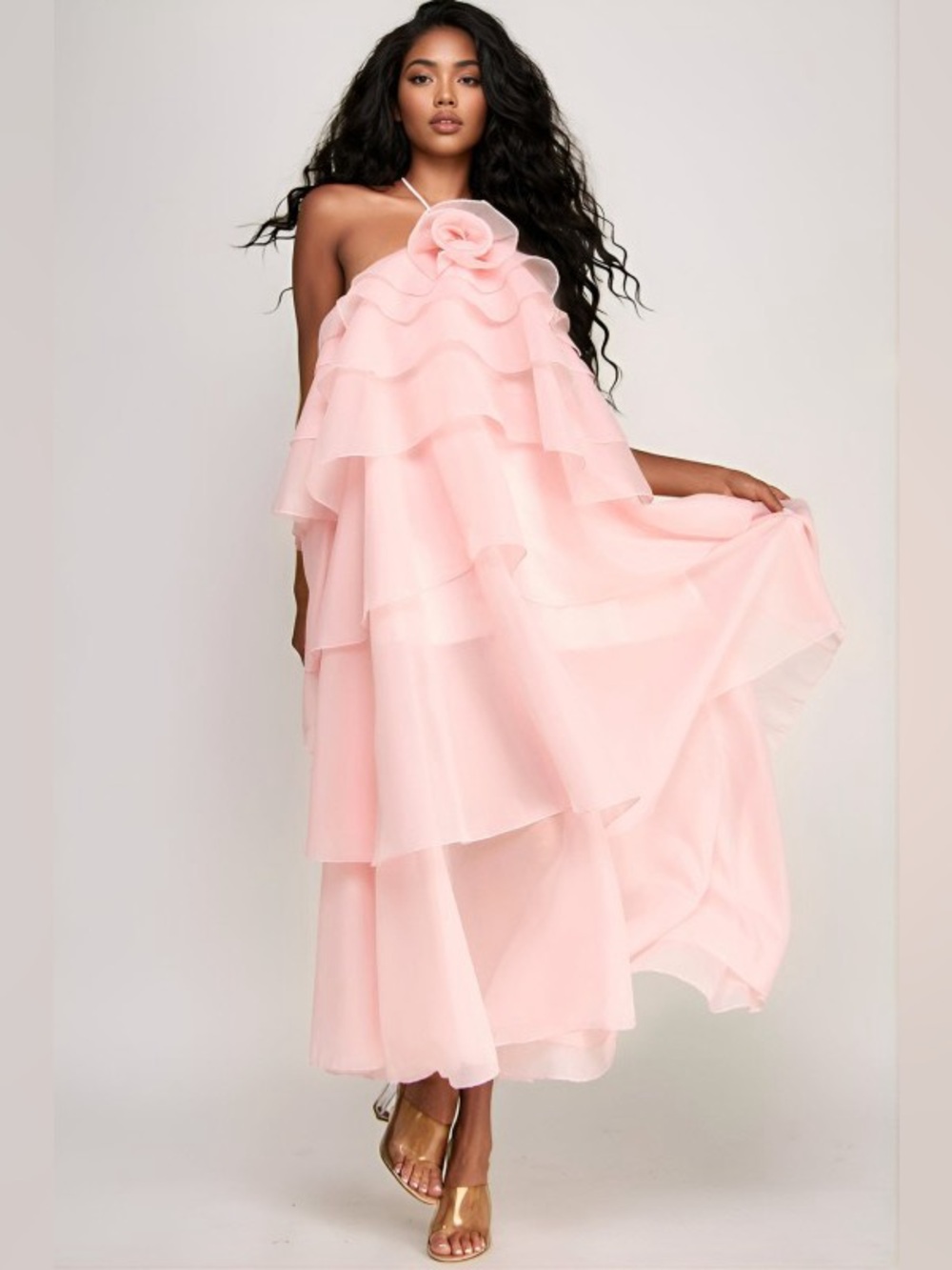 Rosette Layered Halter Ruffle Maxi Dress